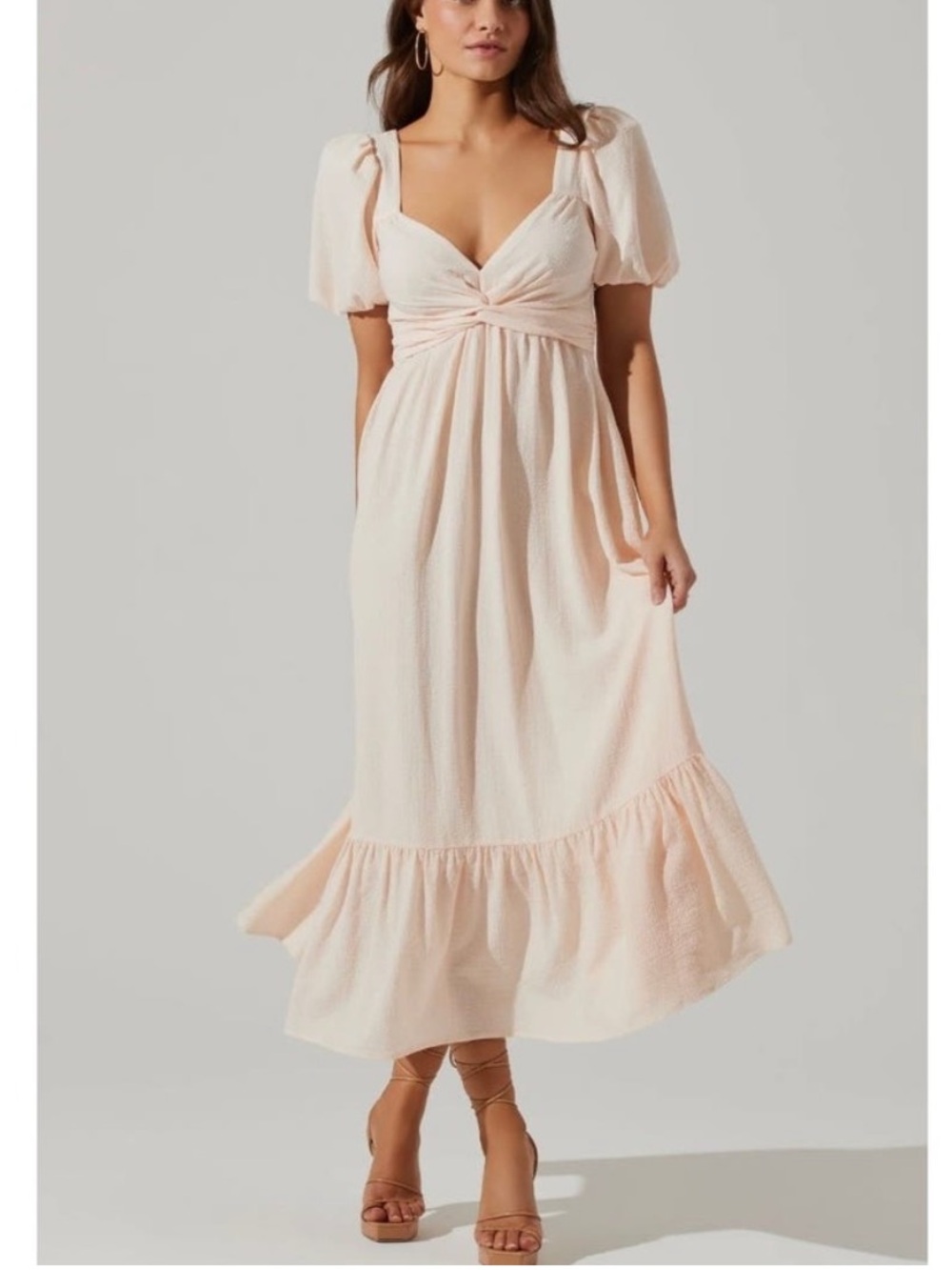 NWT ASTR the Label Tie Back Puff Sleeve Midi Dress Women's in Cream Color Sz L